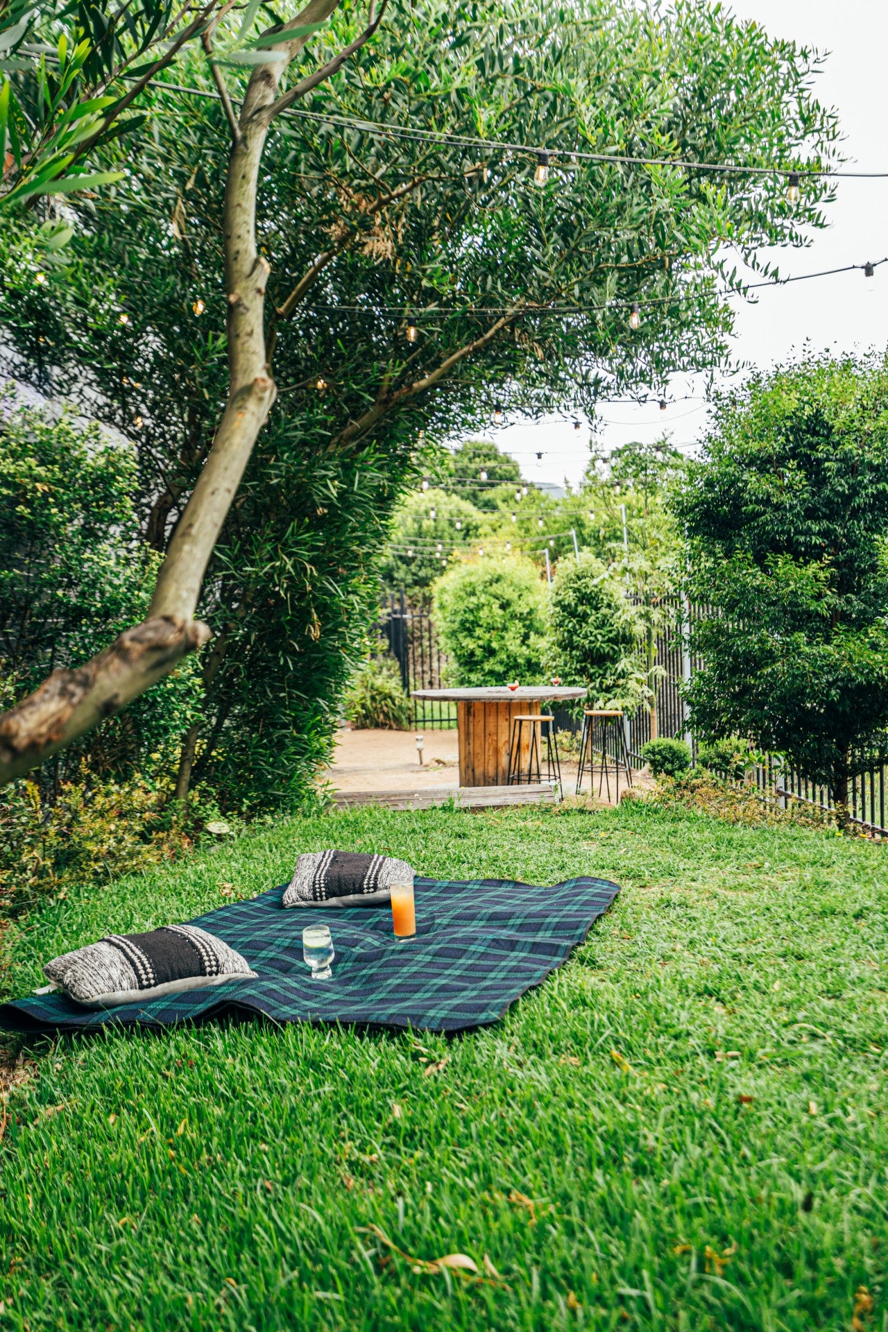 A relaxing display of the botanical garden, with a picnic blanket, cocktails and outside table